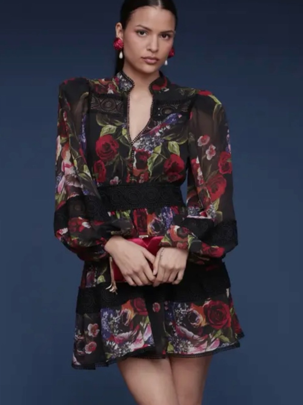 Avec Les Filles 8 Black Dress Dark Portofino Rose Floral Accents